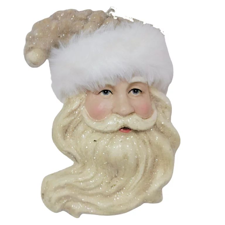 Holiday Time Santa Fur Trim Ornament. Cozy Theme. Vintage Look Santa Face. Flake Fur Hat. Beige C... | Walmart (US)