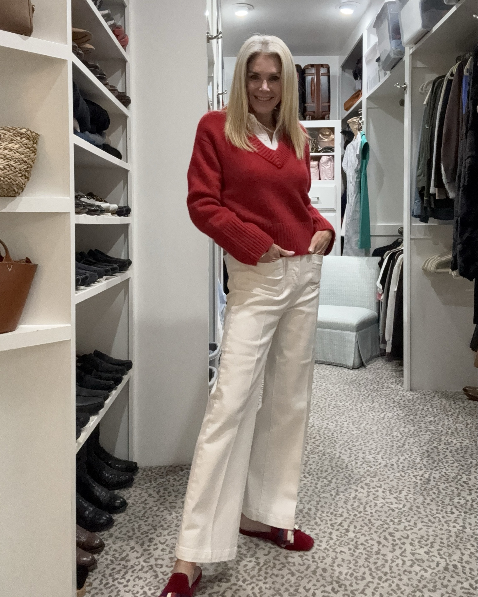 Red & ecru combo
Wearing size S sweater and blouse.
Jeans fit TTS 
Shoes are old 

#LTKFindsUnder100 #LTKOver40 #LTKStyleTip