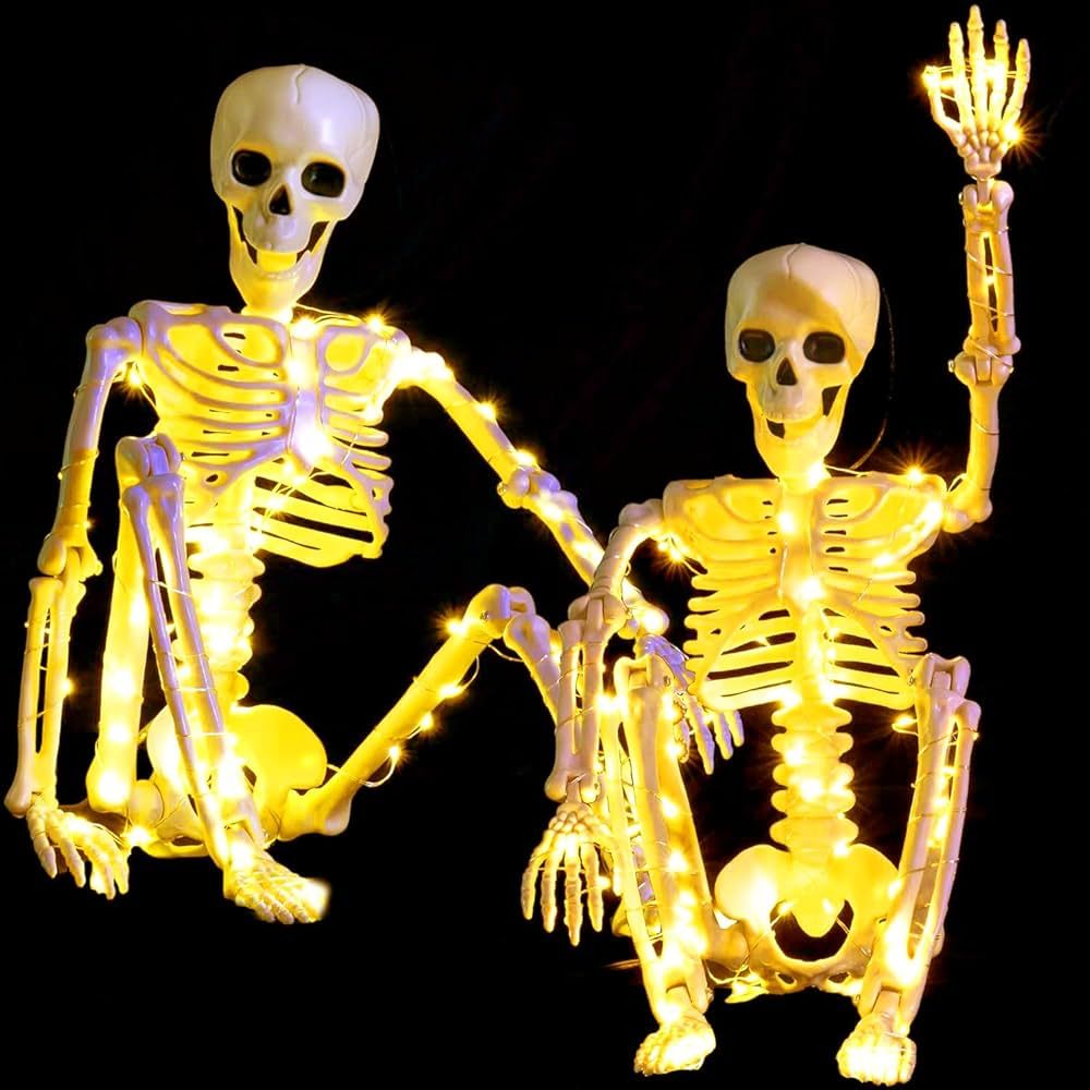 24 Inches Halloween Skeleton, LED Light Up Pose-N-Stay Halloween Skeleton Full Body Posable Movable Jonints for Halloween Decoration | Amazon (US)