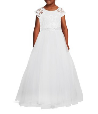 Big Girls 7-16 Cap Sleeve Jeweled Waist Lace-To-Tulle Dress | Dillard's