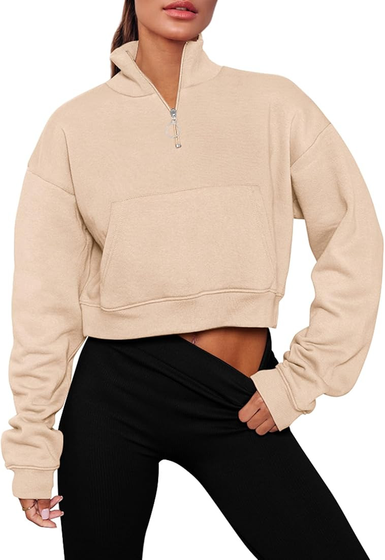 PRETTYGARDEN Women's Fall Fashion Sweatshirt Casual Long Sleeve Zipper Cropped Tops Blouse Shirt ... | Amazon (US)