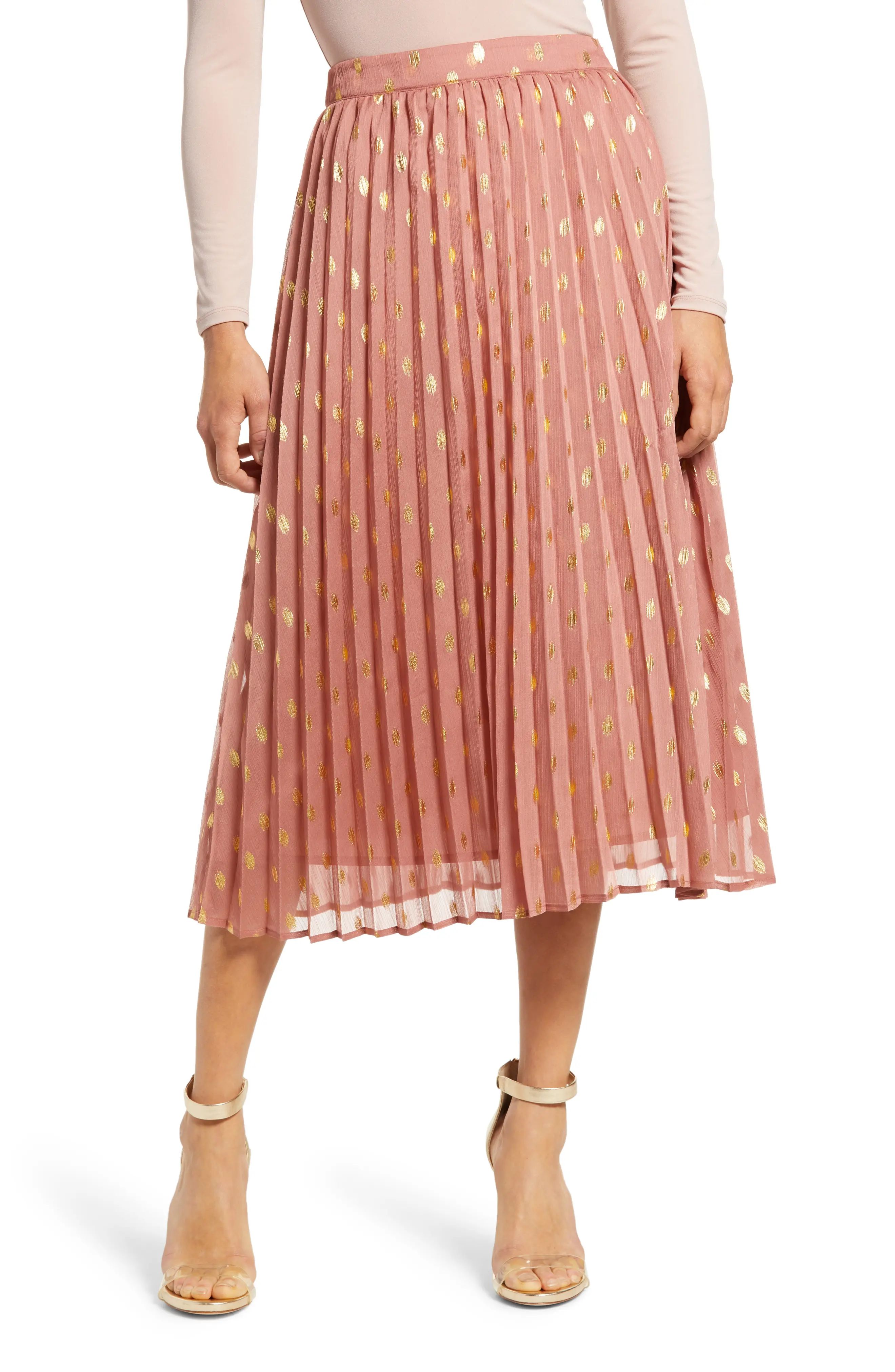 Women's Endless Rose Polka Dot Pleated Skirt, Size Small - Pink | Nordstrom