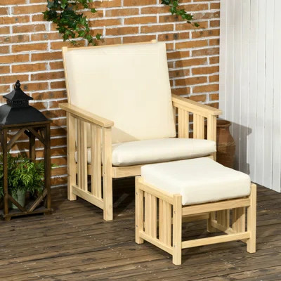Patio Furniture Set, Wood Outdoor Patio Chair With Ottoman, 2 Piece Cushioned Outdoor Lounge Chair | Wayfair North America