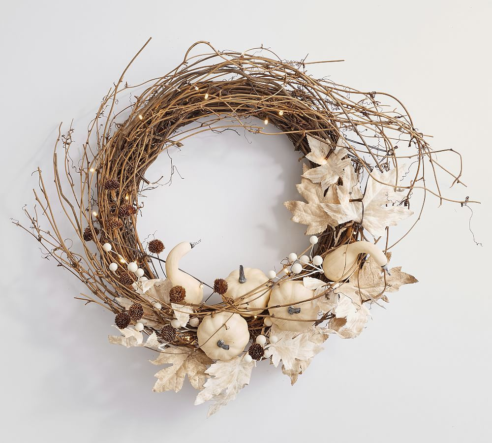 Faux Lit Harvest Pumpkin Wreath | Pottery Barn (US)