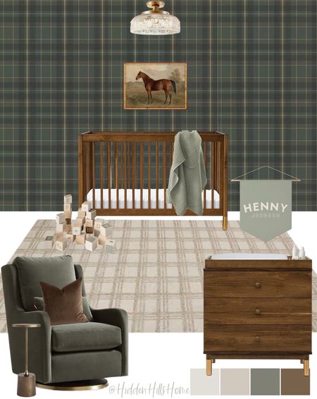 Equestrian baby nursery, horse nursery, moody baby nursery inspo, plaid wallpaper for nursery, boys nursery mood board #nursery 

#LTKbaby #LTKhome #LTKsalealert