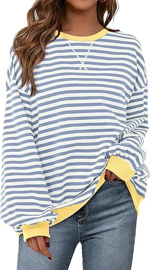 PRETTYGARDEN Womens Striped Oversized Sweatshirt Color Block Crew Neck Long Sleeve Casual Loose P... | Amazon (US)
