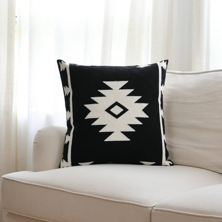 IKATYARN Black White Aztec Embroidery Throw Pillow Cover, Boho Tribal Geometric Pillowcase, Moder... | Amazon (US)