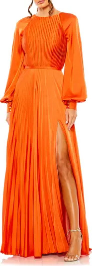 Ieena for Mac Duggal Pleated Long Sleeve Satin A-Line Gown | Nordstrom | Nordstrom