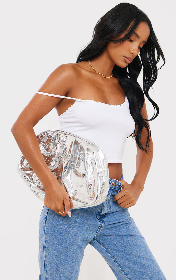 Silver Metallic Slouchy Clutch | PrettyLittleThing US