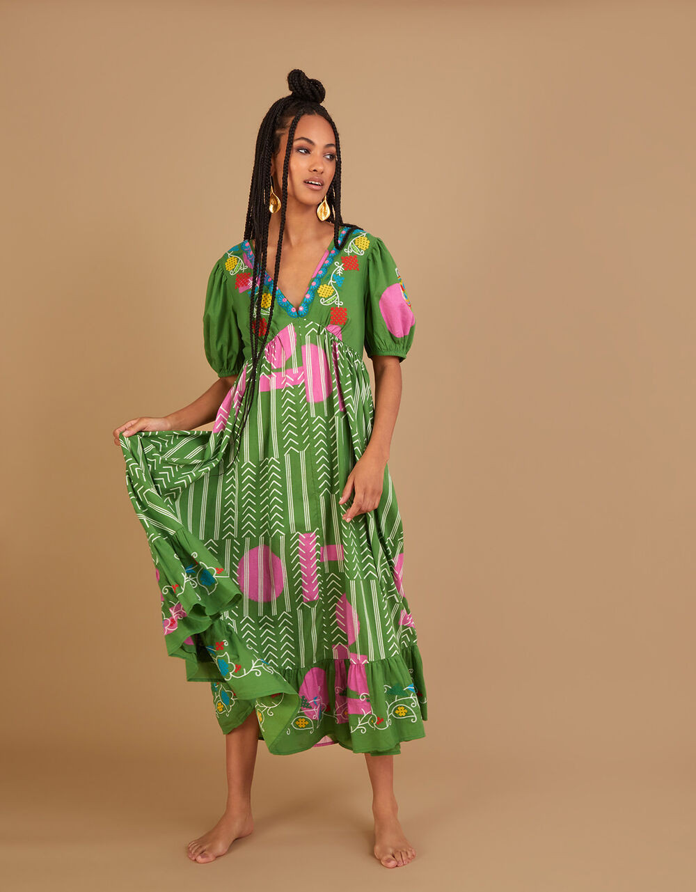 Embroidered Chevron Artisanal Dress Green | Monsoon (UK)