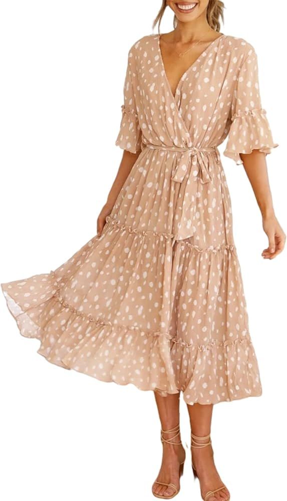 Miessial Women's Summer Casual Floral Wrap Maxi Dress Bohemian Split V-Neck Long Dress | Amazon (US)