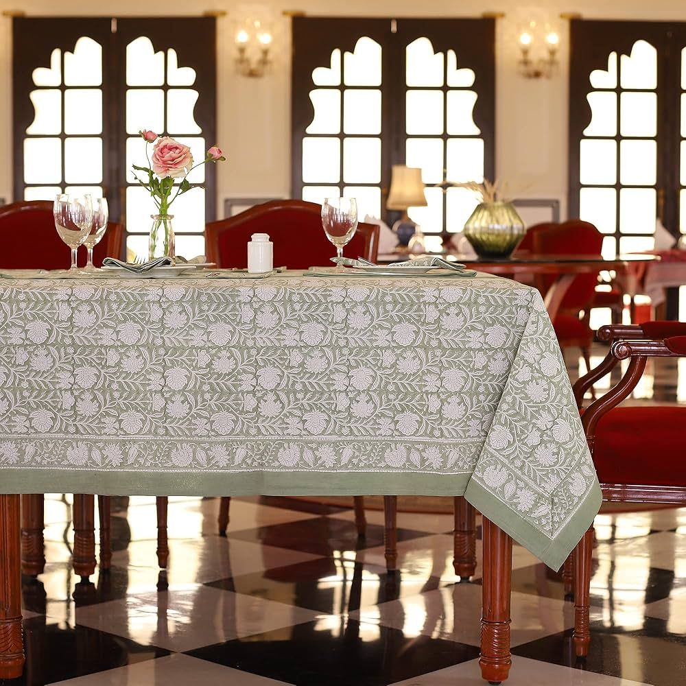 Labhanshi Sage Green Block Print Tablecloth, Table Scape Holiday Decoration, Boho Holiday Farmhou... | Amazon (US)