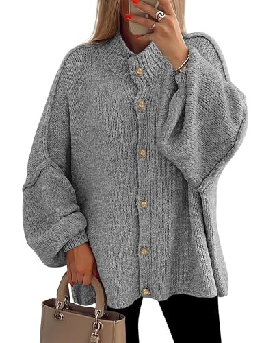 PRETTYGARDEN Women's Winter Button Down Cardigan Sweaters Mock Neck Lantern Long Sleeve Chunky Knit Jacket Trendy Outerwear (Grey,Medium) | Amazon (US)