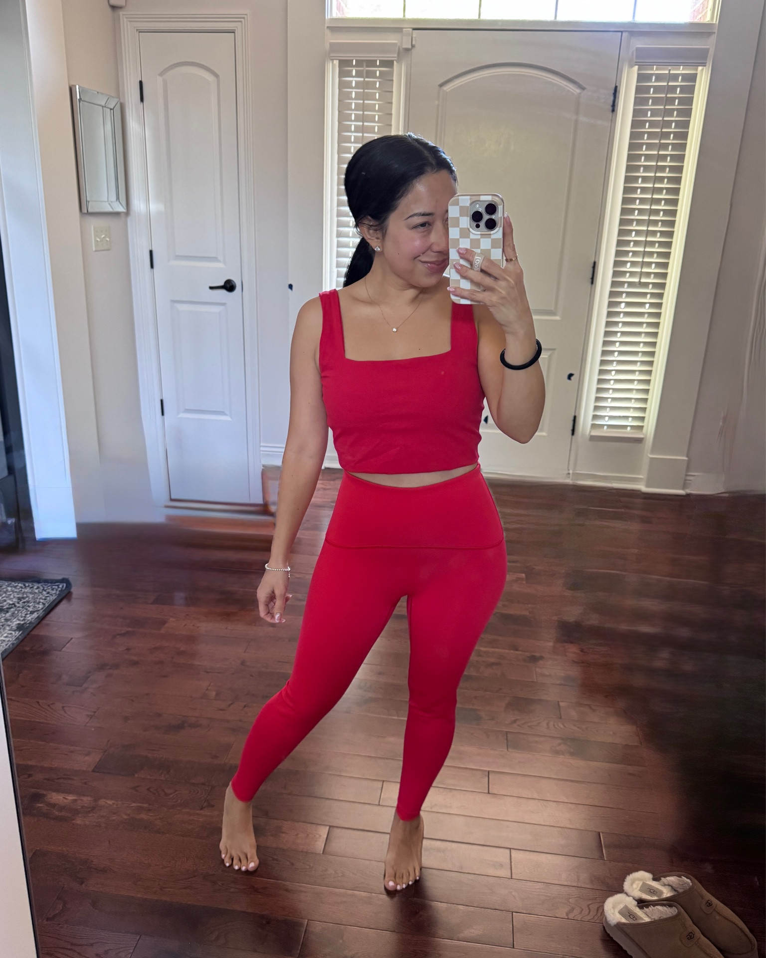 Spanx booty boost 7/8 leggings - size small (if between sizes, size up 1… this fit very snug but the medium a tiny big in the waist for working out). Make the booty look so good. 
Spanx square neck cropped shelf tank - size small (runs slightly big especially the straps which are not adjustable… aggravating to work out in because straps fall off my shoulders but love it for lounging).

#LTKfitnessgoals #LTKPetite #LTKActive