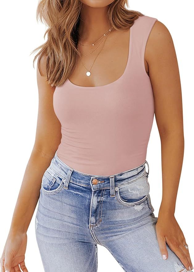 PINKMSTYLE Womens Basic Fitted Square Neck Tank Tops Double Lined Summer Tops Cute Sleeveless Shi... | Amazon (US)