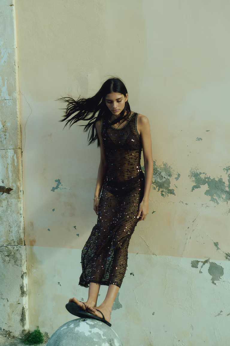 Sequined net dress - Dark brown - Ladies | H&M GB | H&M (UK, MY, IN, SG, PH, TW, HK)