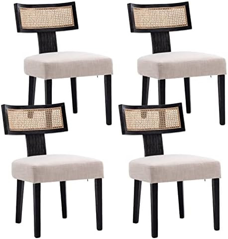 HNY Mid Century Modern Rattan Dining Chairs Set of 4, Farmhouse Linen Upholstered Accent Chair Cu... | Amazon (US)