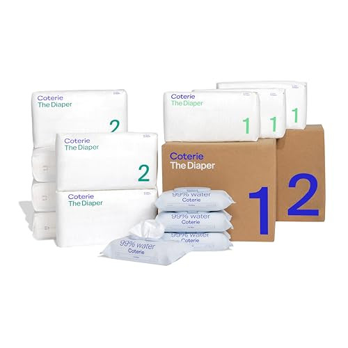Coterie Baby Diapers + Wipes Baby Kit, Size 1 (99 Count) Size 2 (186 Count) 4 Wipe Packs (224 Wipes) Made with Plant-Based Fibers, Hypoallergenic, Designed for Sensitive Skin, Clean Ingredients | Amazon (US)
