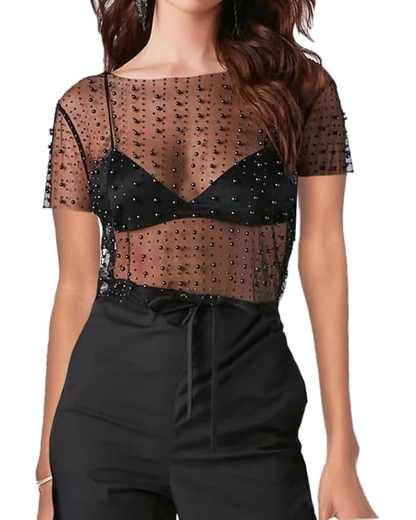 Women Pearl Rhinestone Sheer Mesh Crop Tee Top Sexy See Through Short Sleeve Slim Fit Crop T-Shir... | Amazon (US)