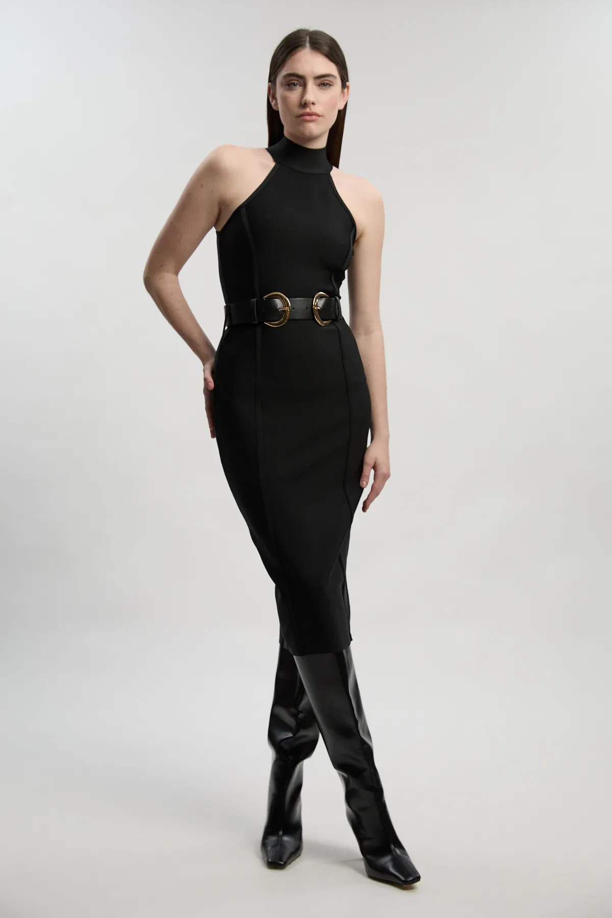 Black Bandage High Neck Buckle Trim Midi Dress | Karen Millen USA | Karen Millen