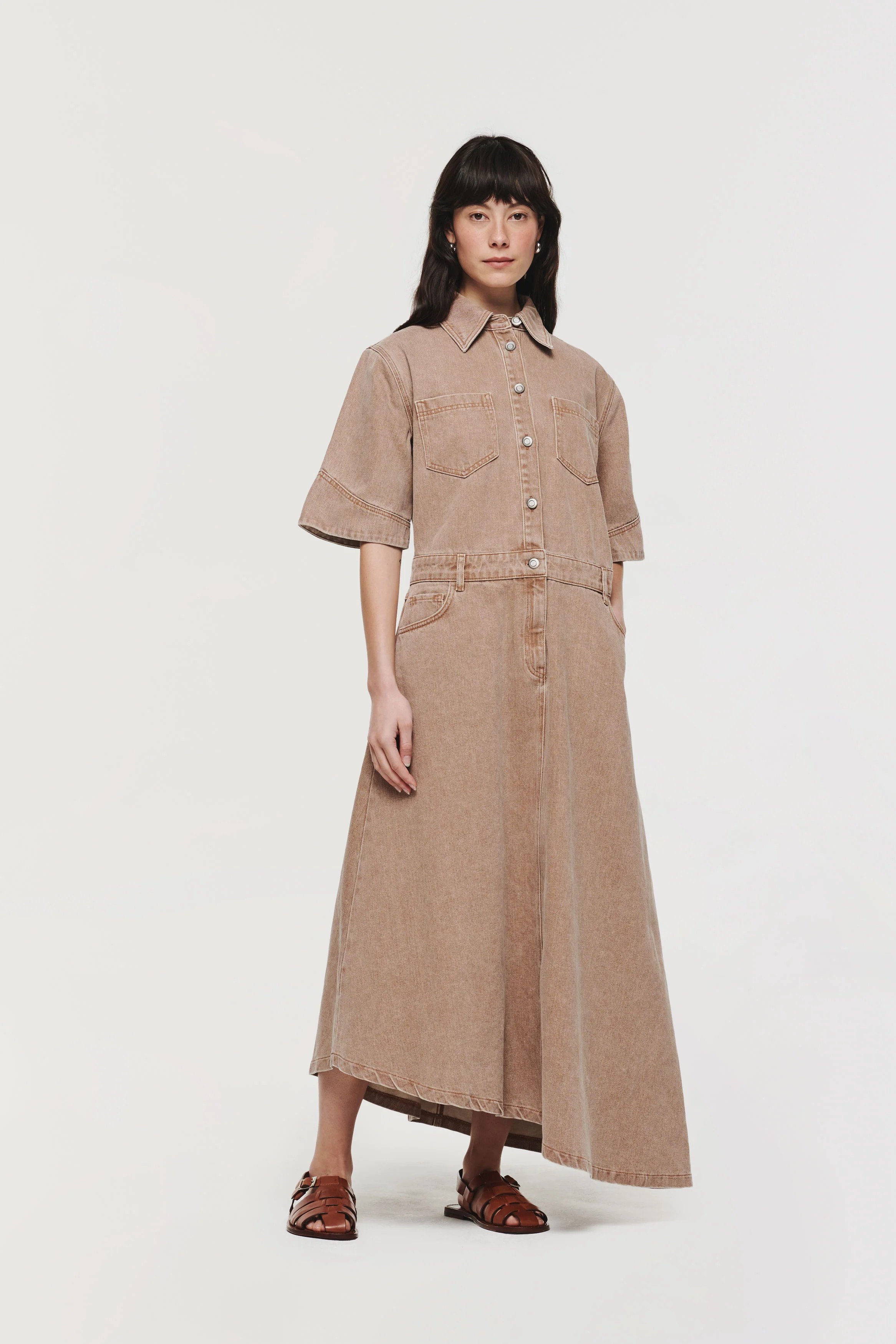 Mateo | Asymmetric Denim Dress in Camel Clay | ALIGNE | ALIGNE UK & EU