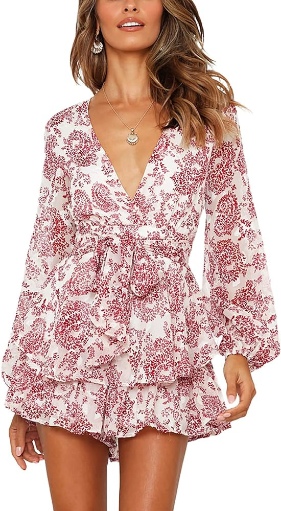 AIMCOO Women's Floral Print Deep V-Neck Romper Double Layer Ruffle Hem Jumpsuits Long Baggy Sleeves  | Amazon (US)