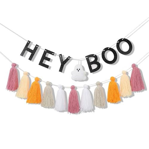 Hey Boo Bunting Banner with Ghost Tassels - Ghost Tassel Banner for Halloween - Halloween Home Decor Ghost Banner - Black and White Ghost Tassel Banner - Halloween Banner for Mantel Decor | Amazon (US)