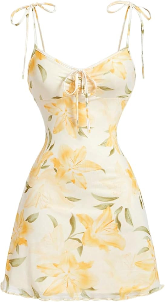 Milumia Women's Floral Tie Knot Spaghetti Strap Dress Boho V Neck Flared Hem Short Cami Dresses | Amazon (US)