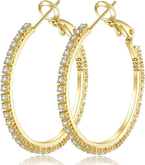 925 Sterling Silver Hoop Earrings Rhinestone Big Large Hoops Earrings for Women 30/40/50/60/70mm ... | Amazon (US)