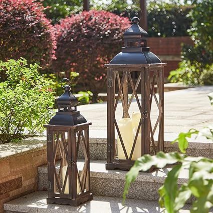 Amazon.com: Glitzhome 2 Pack Farmhouse Wood/Metal Decorative Candle Lanterns Vintage Hanging Lant... | Amazon (US)