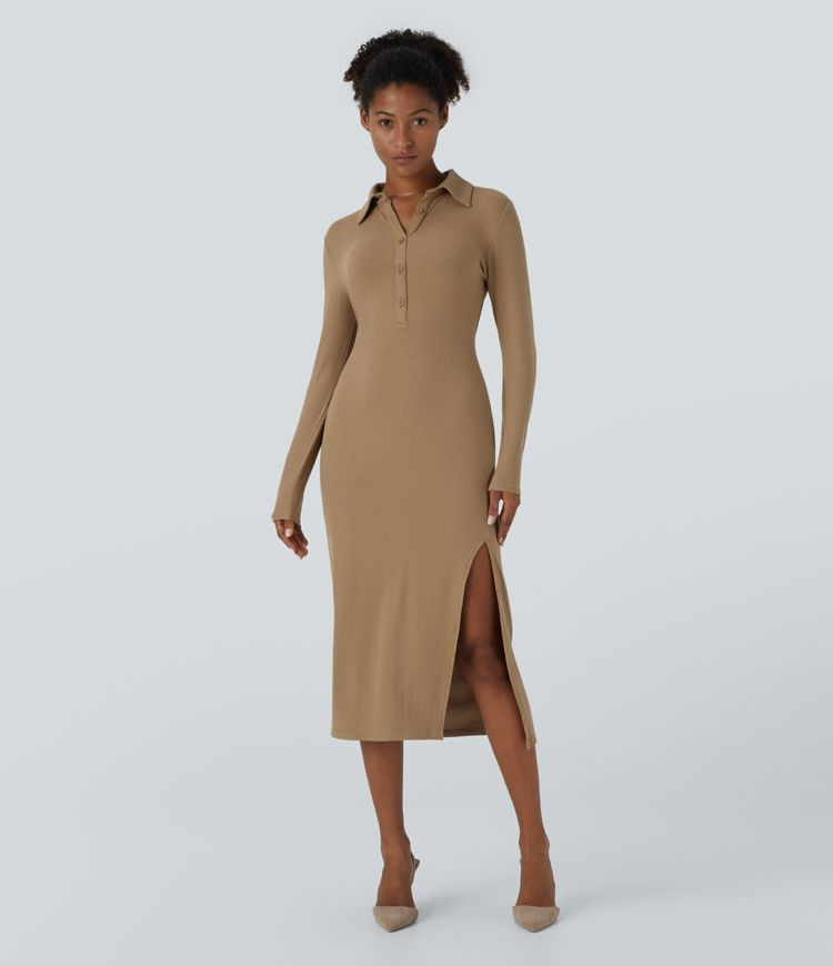 Damen Lässiges, geripptes Midi-Strickkleid mit engem Schnitt, Kragen, Knopfleiste, langen Ärmel... | Halara - DE