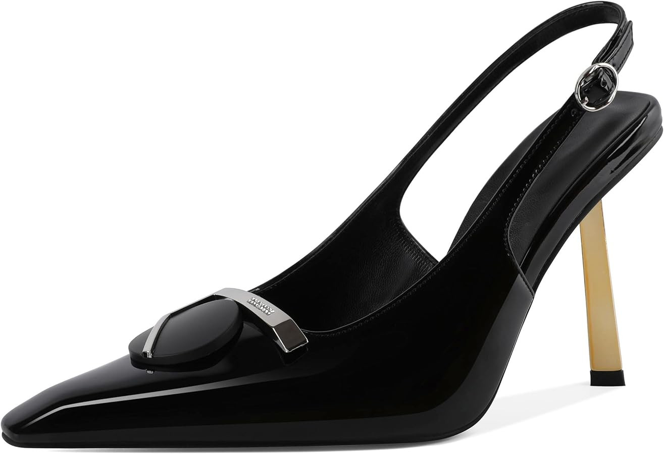 Women's Square Toe Slingback Pumps Stilettos High Heel Metal Buckle Shoes Evening 4 Inch Dress Sh... | Amazon (US)