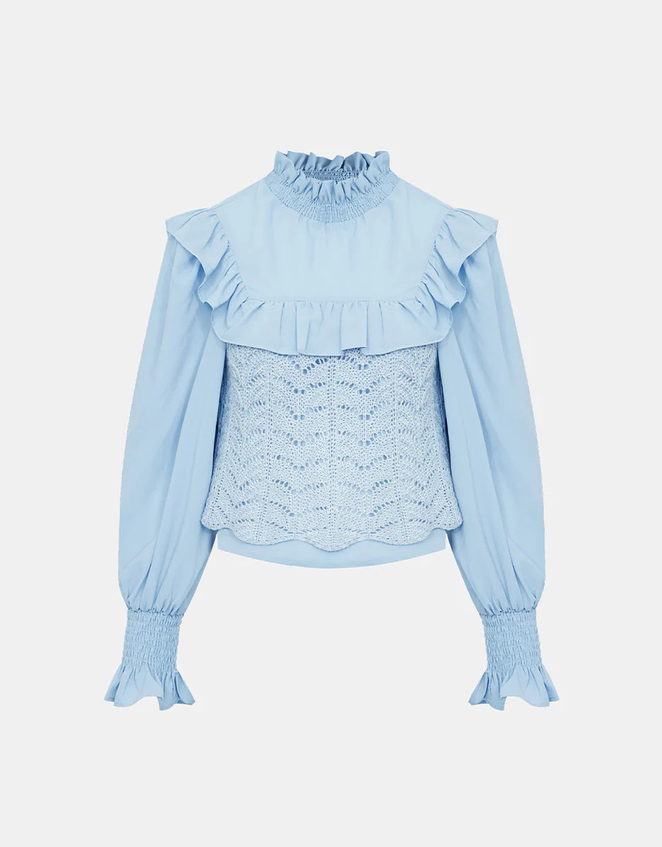 Contrast Fabric Neck Ruffle Detail Blouse | Urban Revivo