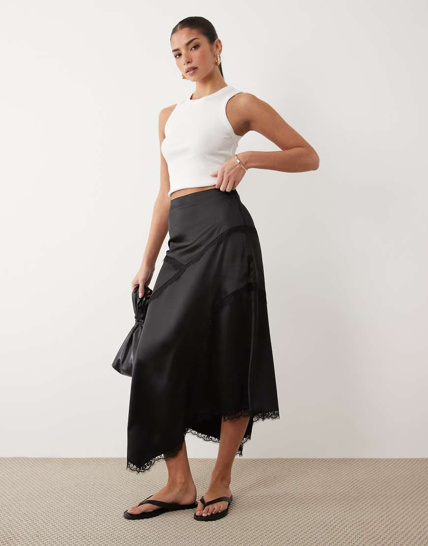 ASOS DESIGN satin asymmetric maxi skirt with lace detail in black | ASOS (Global)
