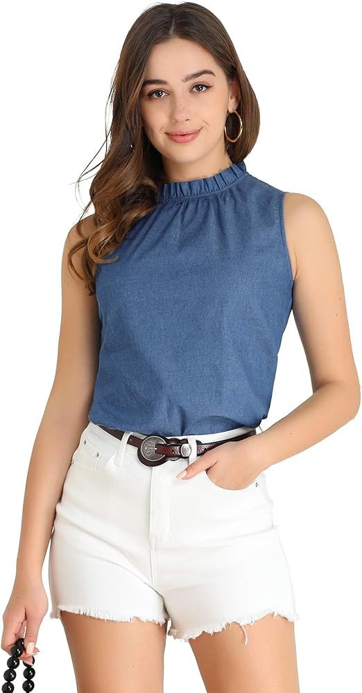 Allegra K Women's Denim Sleeveless Top Frill Mock Neck Ruffle Chambray Blouse | Amazon (US)