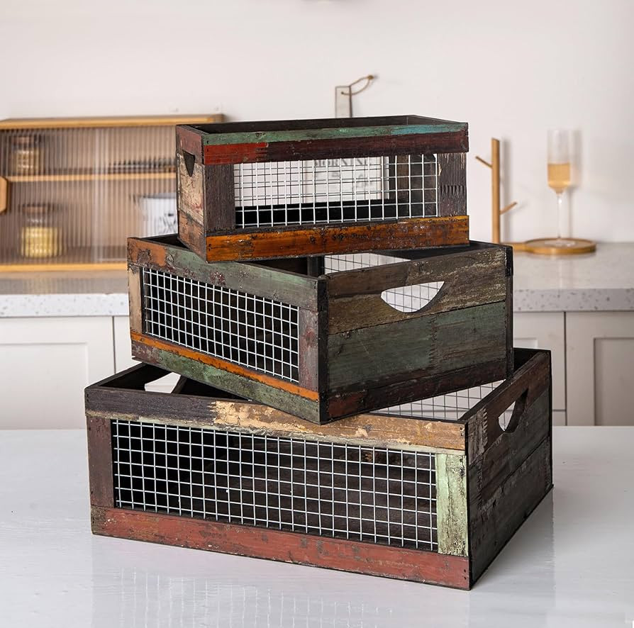 TIMRIS Set of 3 Rustic Wood Nesting Crates, Farmhouse Distressed Wooden Storage Boxes, Decorative... | Amazon (US)