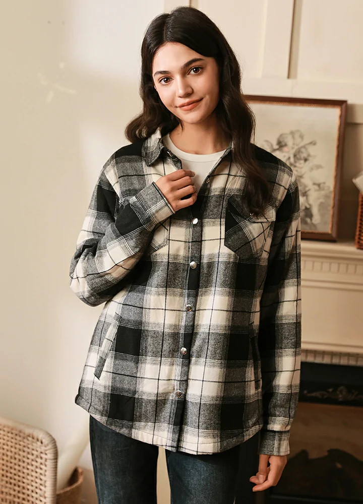 Womens Snap Plaid Flannel Jacket, Sherpa-Lined Shacket | FlannelGo