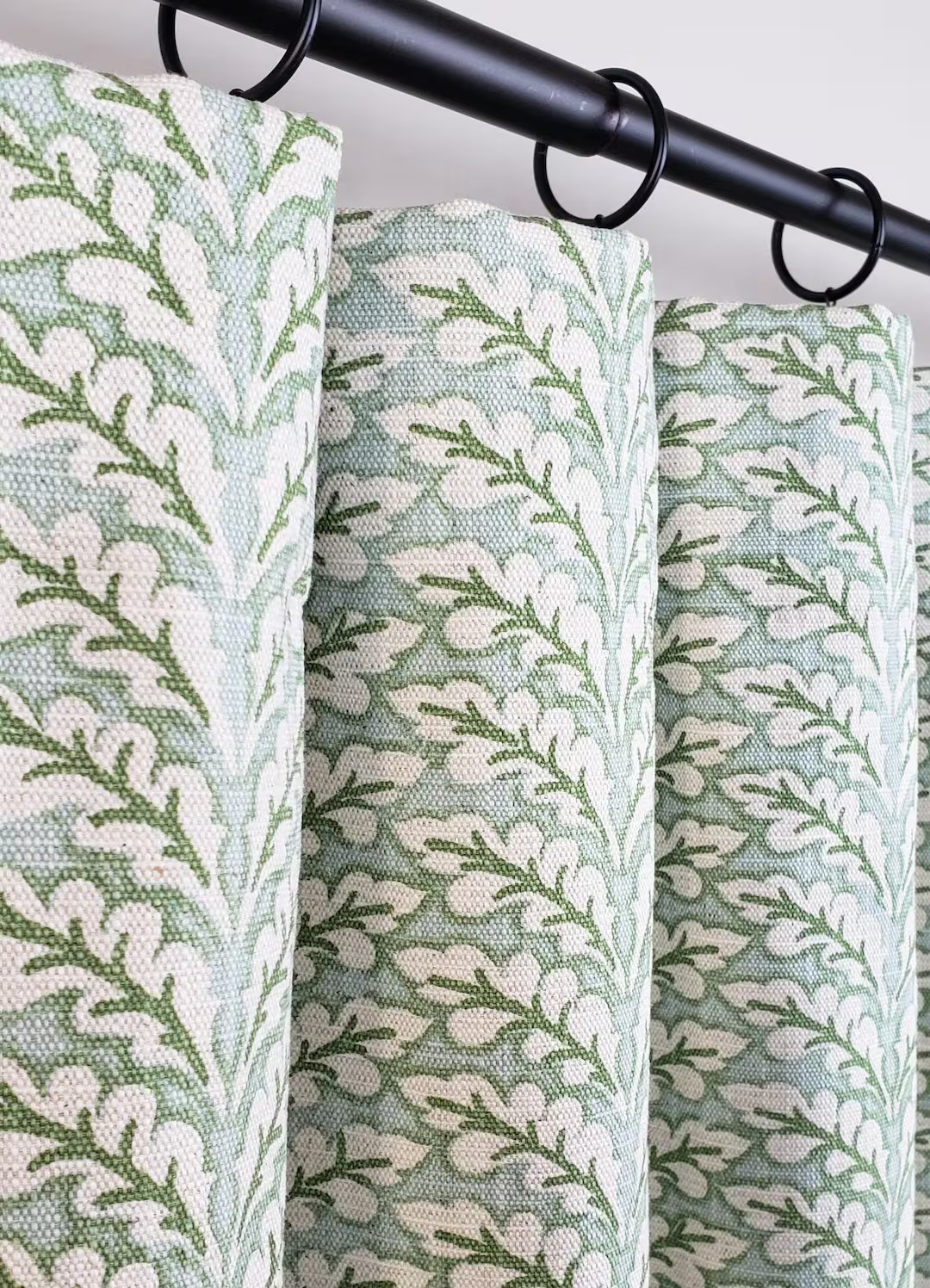 Pair Rod Pocket Top Curtains in Spencer Tendril Green Snowy on Natural Heavy Slub Linen- Lining O... | Etsy (US)