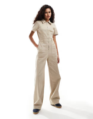 Monki wide leg jumpsuit with zip front in beige | ASOS (Global)