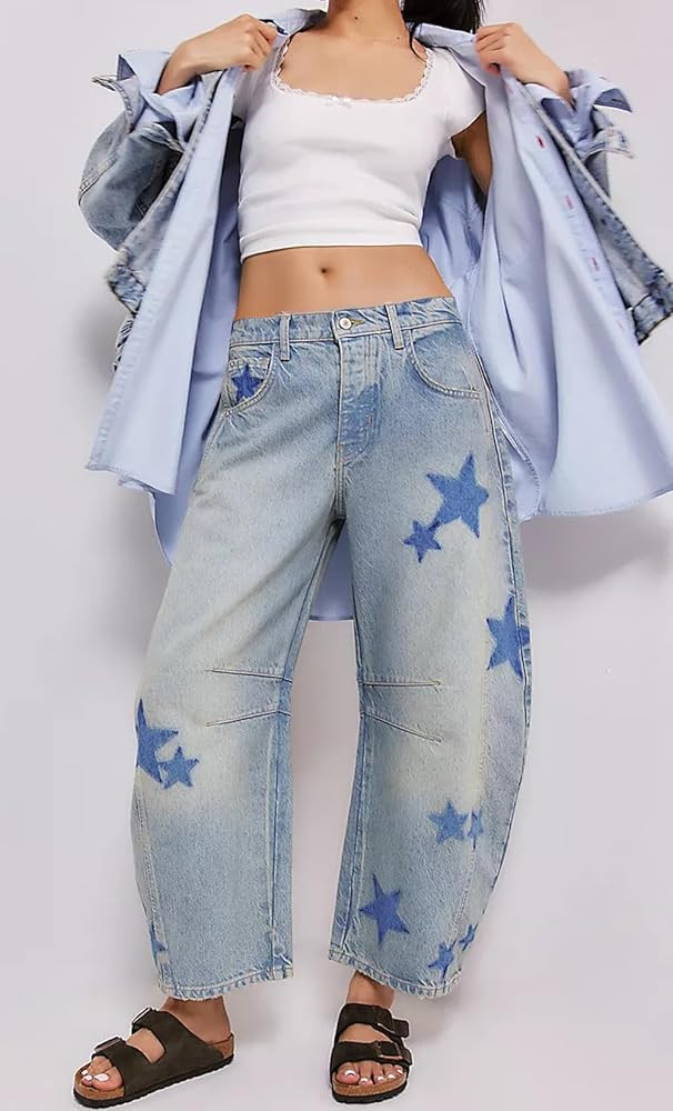 CHARTOU Y2k Barrel Jeans Women Wide Leg Baggy Distressed Printed Boyfriend Horseshoe Denim Pants | Amazon (US)