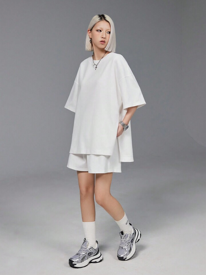 SHEIN Coolane Summer Casual Solid Color Basic And Simple Oversized Tee And Shorts Street Style | SHEIN