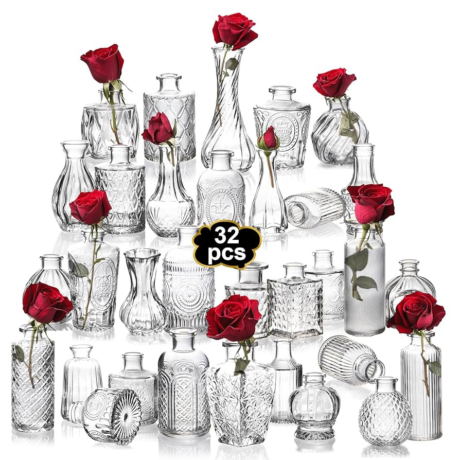 Clear Bud Vases Bulk 32,Small Flower Vases for Wedding,Glass Vintage Bottle Set for Centerpieces,... | Amazon (US)