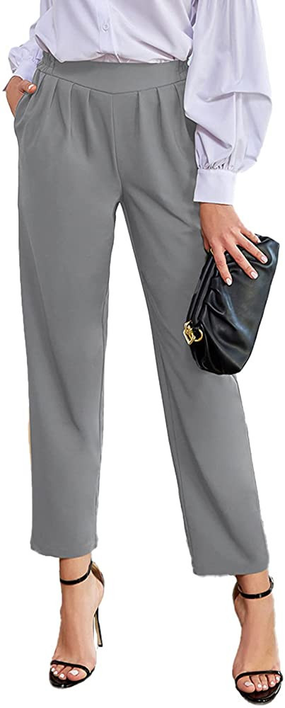 GRACE KARIN Women's 2023 Casual Work Pants Pocket Elastic High Waist Straight Leg Trouser | Amazon (US)