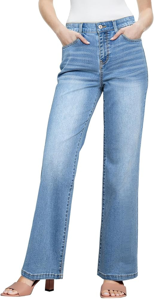 Sidefeel Women's Wide Leg Jeans High Waisted Tummy Control Stretchy Straight Leg Elastic Waist Tr... | Amazon (US)