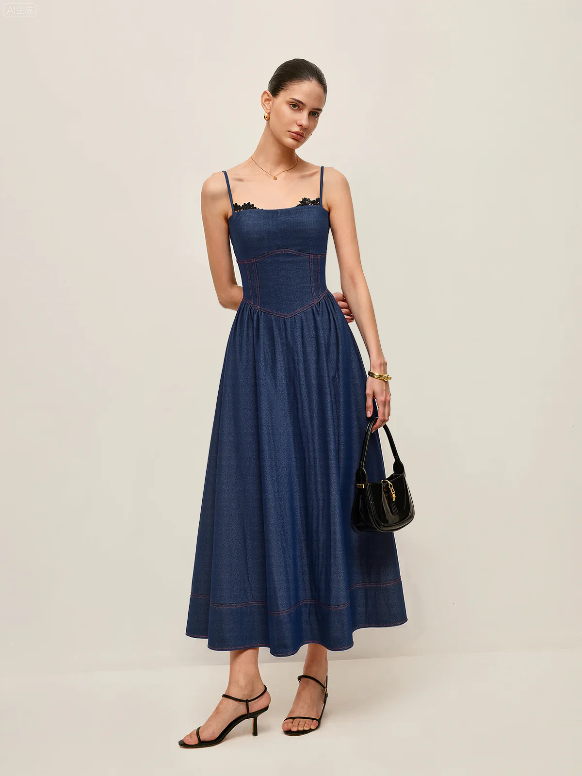 Lace Trim Denim Cami Maxi Dress | Commense