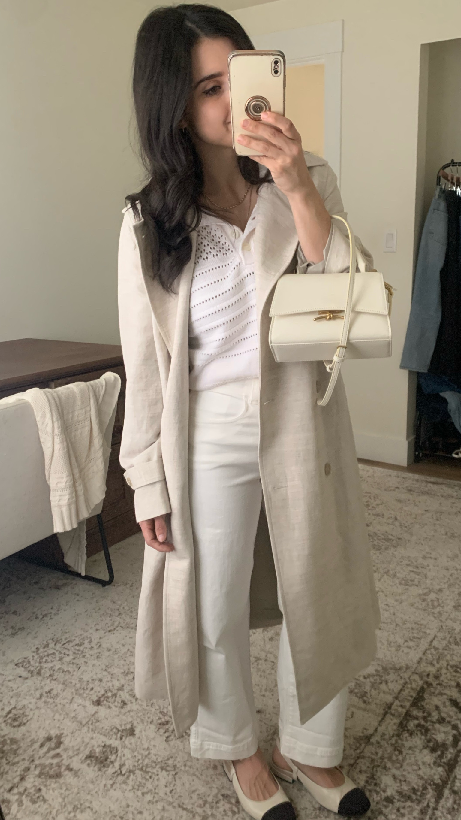 An easy spring outfit 🤍 
Trench XXS 
Jeans 24 short (inseam is 25” for petite) 
Knit top XS 

#LTKsalealert #LTKfindsunder100 #LTKfindsunder50