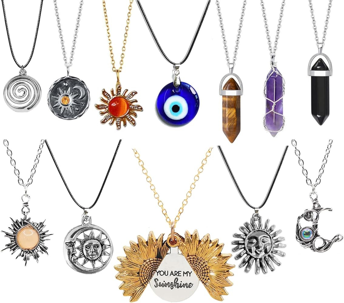 12 Pcs Crystal Pendant Necklace Evil Eye Necklace Sunflower Necklace Moon and Sun Hippie Necklace... | Amazon (US)