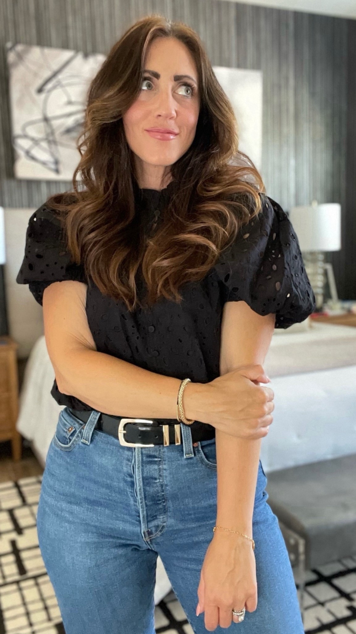 Spring outfit idea! 🌸🖤This eyelet puff sleeve top is a look for less and I’m wearing a small. 

- 27 in jeans.

#LTKSaleAlert #LTKFindsUnder50