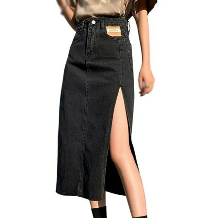 Women s Denim Skirt Knee Length Slit Denim Skirt Casual High Waisted Button Up Denim Dress for Women Black Medium | Walmart (US)
