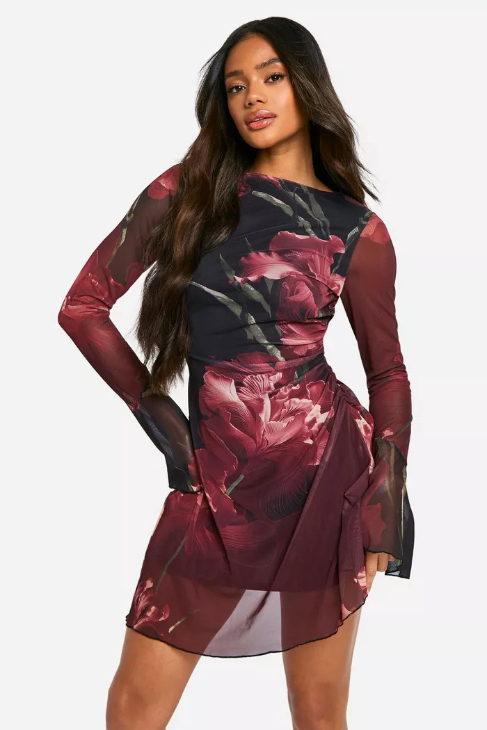Floral Mesh A Line Mini Dress | Boohoo.com (UK & IE)